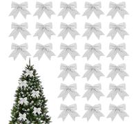HSHHOOM 24 Pcs Glitter Christmas Bows, Silver Christmas Tree Bows, Small Xmas Tree Decorations, Sequin Bow Ties for Christmas Birthday Party (HDJ-Y)