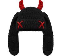 Hshsclth Bunny Chunky Beanie with Devil Horns Chenille Crochet Hat with Long Floppy Ears Cute Goth Rabbit Winter Skull Cap, Black, One Size