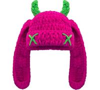 Hshsclth Bunny Chunky Beanie with Devil Horns Chenille Crochet Hat with Long Floppy Ears Cute Goth Rabbit Winter Skull Cap, Fuchsia, One size