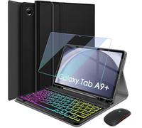 HSIAOZ Backlit Keyboard Case for Samsung Galaxy Tab A9 Plus / A9+ 11inch 2023 with Screen Protector & Mouse, Rainbow Backlight Detachable Wireless Keyboard with PU Leather Folio Case