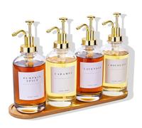 Hsiohe Coffee Syrup Dispenser for Coffee Bar,4 Pack Syrup Dispenser 16.9 oz 500 ml, Glass Syrup Bottle with Gold Upgraded Pump, Coffee Syrup Pump Dispenser, 28 Labels and Large Bamboo Tray, TJP04-117