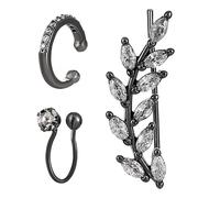 hsiyyecg 3Pcs Huggie Hoop Clip Leaf-Shaped Climber Earring Non-Piercing Fake Helix Cartilage Cuff Earrings Simulated Diamond CZ Stack Women Jewelry Stud Earrings Sets(Black)