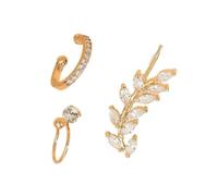 hsiyyecg 3Pcs Huggie Hoop Clip Leaf-Shaped Climber Earring Non-Piercing Fake Helix Cartilage Cuff Earrings Simulated Diamond CZ Stack Women Jewelry Stud Earrings Sets(Gold)