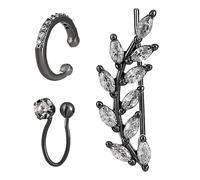hsiyyecg 3Pcs Huggie Hoop Clip Leaf-Shaped Climber Earring Non-Piercing Fake Helix Cartilage Cuff Earrings Simulated Diamond CZ Stack Women Jewelry Stud Earrings Sets(Black)