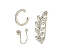 hsiyyecg 3Pcs Huggie Hoop Clip Leaf-Shaped Climber Earring Non-Piercing Fake Helix Cartilage Cuff Earrings Simulated Diamond CZ Stack Women Jewelry Stud Earrings Sets(Silver)
