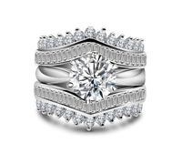 hsiyyecg 3Pcs Platinum Plated Round Cut and Square Cut Diamond Engagement Rings Set,Cubic Zirconia Halo Solitaire Wedding Rings Anniversary Promise Rings for Her(9)