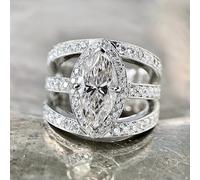 hsiyyecg Classic Marquise Cut & Round Cut CZ Cubic Zirconia Wedding Engagement Women Anniversary Statement Ring Cocktail Wide Band Ring, US Code 6, Cubic Zirconia, Cubic Zirconia
