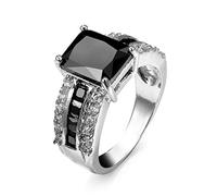 hsiyyecg Emerald Cut Square Halo Platinum Plated Cubic Zirconia CZ Jewelry, Wedding Party Statement Cocktails Fashion Simulated Black Agate Rings for Women Size 6-10(7)