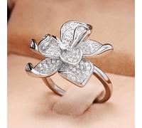 hsiyyecg Platinum Plated Pave with Full Cubic Zirconia Ring, Flower Jewelry CZ Diamonds Halo Design Charm Camellia Shape Rhinestone Women's Fashion Promise Ring Size 6-10(8)