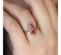 hsiyyecg Rose Gold Plated Marquise Cut Pave Halo Solitaire Ring Set, Simulated Ruby Engagement Promise Statement Anniversary Bridal Wedding Ring(6)
