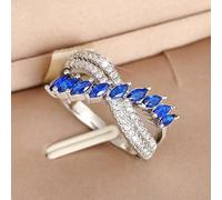 hsiyyecg Sterling Silver Half Eternity Marquise Cut Sapphire Blue Engagement Ring White Diamond Cubic Zirconia Anniversary, US Code 9
