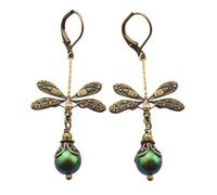hsiyyecg Vintage Bronze Dragonfly Earrings Fashionable Gold Metal Carved Pattern Insect Earrings,Rhinestone Crystal Created Emerald Pearl Dangle Drop Earrings Jewelry Gift for Women