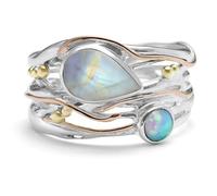 hsiyyecg Vintage Teardrop & Round Moonstone Ring Line Wrapped Wide-face Ring Bohemian Fashion Women's Statement Band Finger Ring（9）