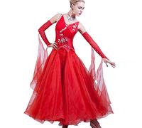 HSJFS Ballroom Dance Dresses for Women Waltz Tango Performance Costume Standard Modern Competition Dress A-Line Skirts,red,3XL