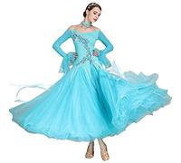 HSJFS Embroidery Ballroom Dance Dresses Strapless Waltz Performance Costume Long Sleeve Modern Tango Competition Dress,light blue,XXL