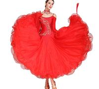 HSJFS Embroidery Ballroom Dance Dresses Strapless Waltz Performance Costume Long Sleeve Modern Tango Competition Dress,red,L