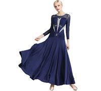 HSJFS Long Sleeve Ballroom Dance Dresses for Women Waltz Tango Costume Salsa Modern Competition Dress A-Line Skirts,dark blue,XXL