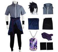 HSJZBQSM Adult Uchiha Sasuke Cosplay Costume with Wig Japanese Ninja Kimono Set Sasuke Costume Halloween Set (Gray+Wig, XXL)