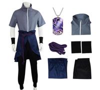 HSJZBQSM Adult Uchiha Sasuke Cosplay Costume with Wig Japanese Ninja Kimono Set Sasuke Costume Halloween Set (Gray, M)