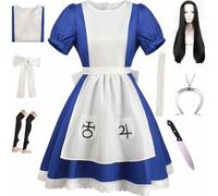 HSJZBQSM Alice Madness Returns Cosplay Costume With Necklace Maid Dress Set Halloween Madness Fancy Dress Party (Blue-A+Wig, XL)