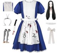 HSJZBQSM Alice Madness Returns Cosplay Costume With Necklace Maid Dress Set Halloween Madness Fancy Dress Party (Blue-B+Wig, L)