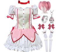 HSJZBQSM Magi Madoka Magica Cosplay Wtih Necklace Ring Akemi Homura Kyoko Tomoe Mami Miki Sayaka Cosplay Costume Set (Pink+Wig, S)