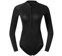 HSKJTT 2mm Neoprene Wetsuit, One Piece Diving Suit Women's Long Sleeved Swimwear with Front Zip Triangle Swimsuit Uv UPF 50+ Ladies Bodysuits,M,Black