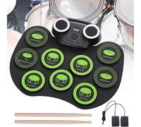 HSKJTT Portable Electric Drums Kit, Roll Up Mini Drum Electronic Drum with Flashing Light & Bluetooth for Adult Beginner Percussion Instrument, Icon Edition, Black Green