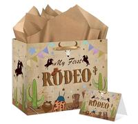 HSKMAKE Cowboy 1st Birthday Gift Bag- My First Rodeo Western Theme Gift Bag with Card & Tissue Paper or Boys' Bday Party Decor - Western Cowboy Party Favors & One Year Old Decorations Supplies