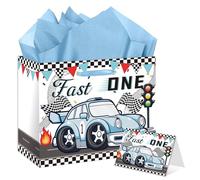 HSKMAKE Fast One 1st Birthday Gift Bag Race Car Themed Happy 1st Birthday Gift Bag One Year Old Bday Party Favor Bag with Card Envelope Tissue Paper for Boys Baby Showers Party Supplies