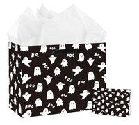 HSKMAKE Large Ghost Gift Bag Black Horror Gift Bag with Tissue Paper and Greeting Card Ghost Wrapping Paper for Halloween Party Decorations Trick or Treat