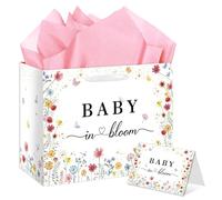 HSKMAKE Wildflower Baby in Bloom Gift Bag Floral Baby Shower Party Gift Bag with Card and Tissue Paper for Pink Gender Reveal Party Decorations Girls Boys Baby Shower Decor Supplies