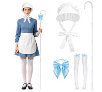HSLCGF Halloween Shepherdess Set with Bonnet, Bow, Stockings plus 63" Crook | White Bonnet, Blue Bowtie and White Stockings, 63" Crook - Shepherdess Accessory for Women Cosplay