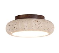 HSLJ1 Wabi-sabi Style Yellow Travertine LED Ceiling Light,Tri-Color Dimmable Flush Mount Ceiling Fixture Stone Lampshade with Wooden Plate,Mid Century Ceiling Lamp for Corridor Foyer Entryway