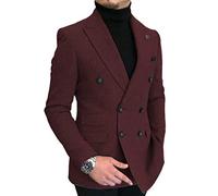 HSLS Men's Double-Breasted Herringbone Slim Fit Men Suit Tweed Wool Jacket Smart Wedding Blazer(Burgundy,44)