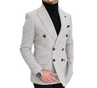 HSLS Men's Double-Breasted Herringbone Slim Fit Men Suit Tweed Wool Jacket Smart Wedding Blazer(Silver Grey, 42)