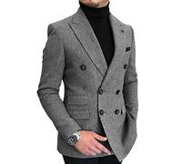 HSLS Men's Double-Breasted Slim Fit Men Suit Tweed Wool Jacket Smart Wedding Blazer Coat(Grey,34)