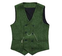 HSLS Mens Herringbone Double Breasted Vests Suit Wool Business Tweed Waistcoats Slim Fit(Small, Green)