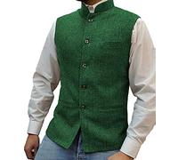 HSLS Mens Herringbone Wool Vests Suit Business Tweed High Collar Waistcoats Slim Fit(Large, Green)