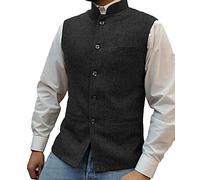 HSLS Mens Herringbone Wool Vests Suit Business Tweed High Collar Waistcoats Slim Fit(X-Large, Black)