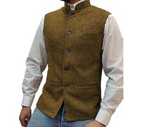 HSLS Mens Herringbone Wool Vests Suit Business Tweed High Collar Waistcoats Slim Fit(X-Large, Brown)