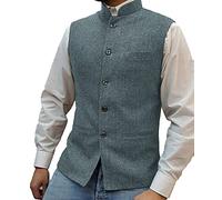 HSLS Mens Herringbone Wool Vests Suit Business Tweed High Collar Waistcoats Slim Fit(X-Large, Light Blue)