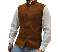 HSLS Mens Herringbone Wool Vests Suit Business Tweed High Collar Waistcoats Slim Fit(X-Large, Orange)