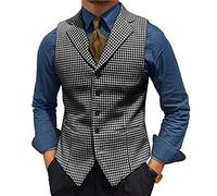 HSLS Mens Retro Wool Suit Vest Houndstooth Waistcoat Tweed Herringbone for Tuxedos(Large, Black)