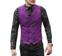 HSLS Men's Suit Vest Regular Fit Double Breasted Suede Wool Formal Waistcoat for Wedding Grooms(Large, Purple)