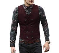 HSLS Men's Suit Vest Regular Fit Double Breasted Suede Wool Formal Waistcoat for Wedding Grooms(Medium, Burgundy)