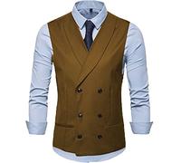 HSLS Men's Suit Vest Shawl Lapel Slim Fit Double Breasted Waistcoat Best Man(Medium, Brown)