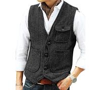 HSLS Mens Vest Casual Soft Wool Tweed Suit Vest Herringbone Waistcoat for Groosmen Best Man(X-Large, Black)