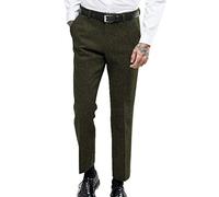HSLS Men's Vintage Herringbone Dress Suit Pants Thick Wool Flat Front Tweed Trousers Army Green 34