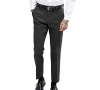 HSLS Men's Vintage Herringbone Dress Suit Pants Thick Wool Flat Front Tweed Trousers Black 34